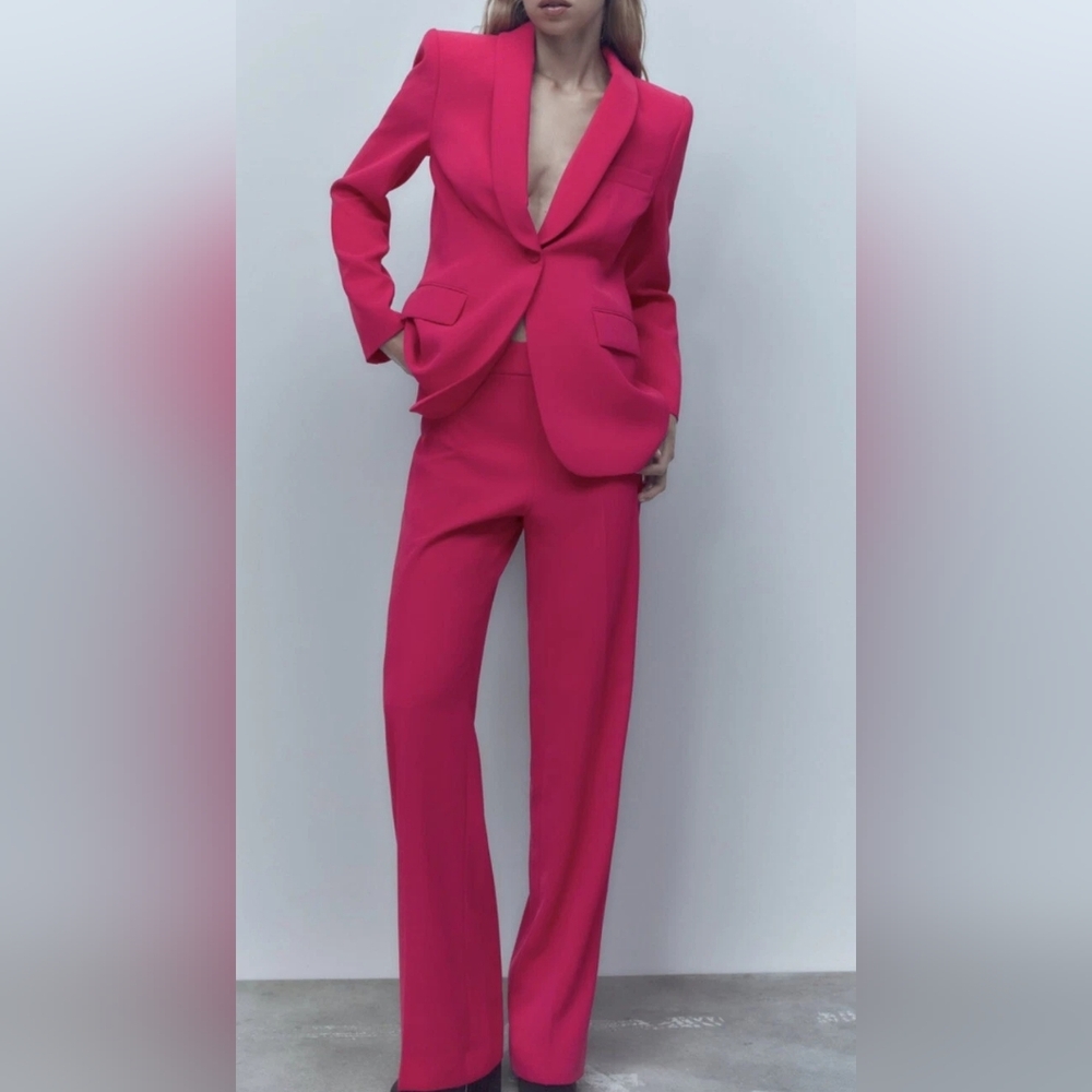 Zara Co-ord Set tuxedo collar blazer + Pants Zw Collection neon fuschia sz M NWT